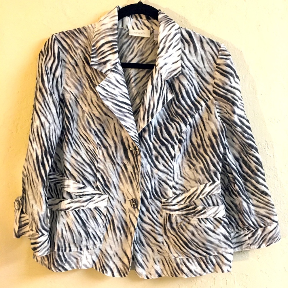 Chicos Linen Lightweight Blazer Jacket Size Small Animal Print Zebra